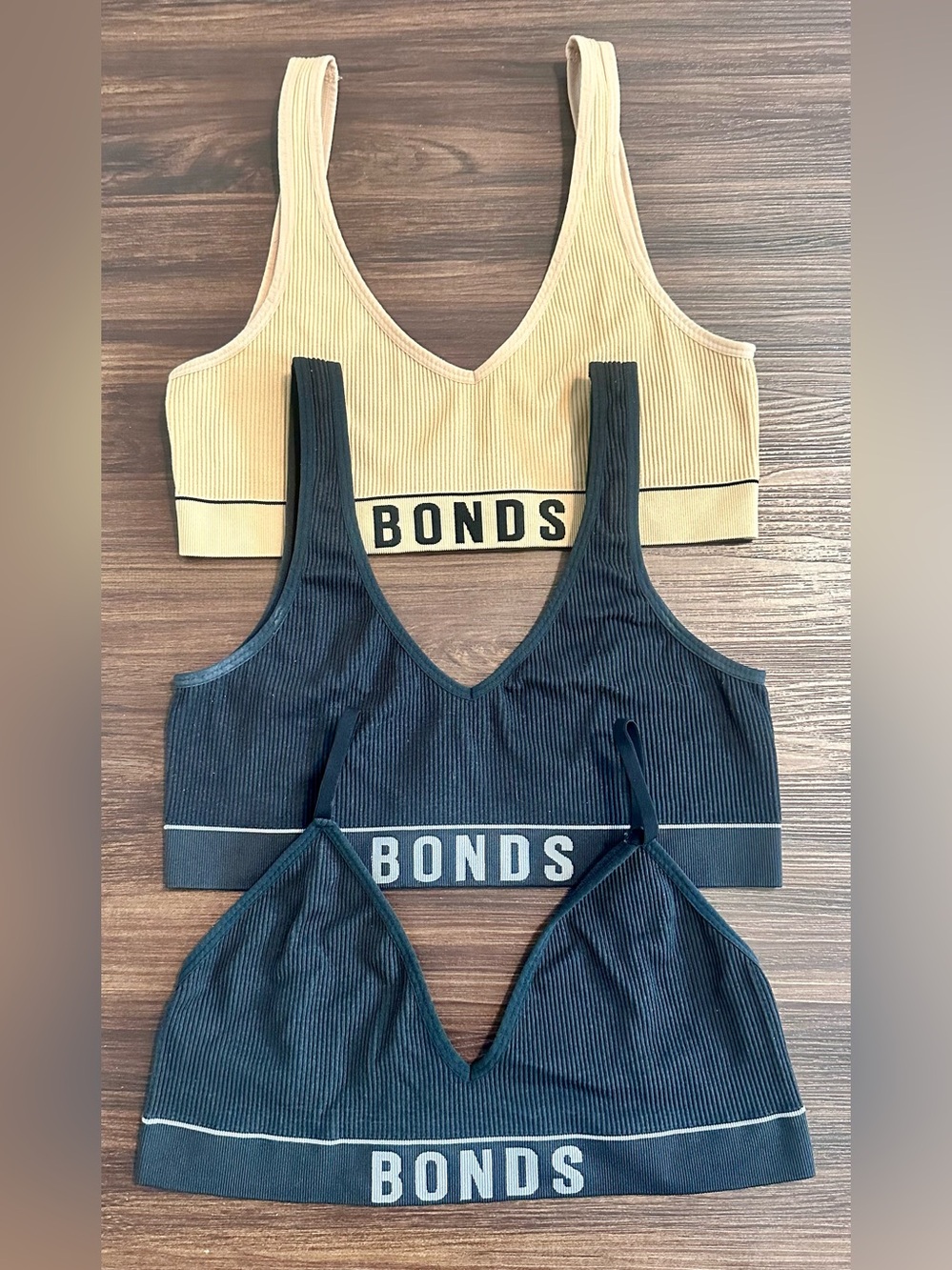 BONDS Ribbed V-Neck Bralette Trio — Black and Beige